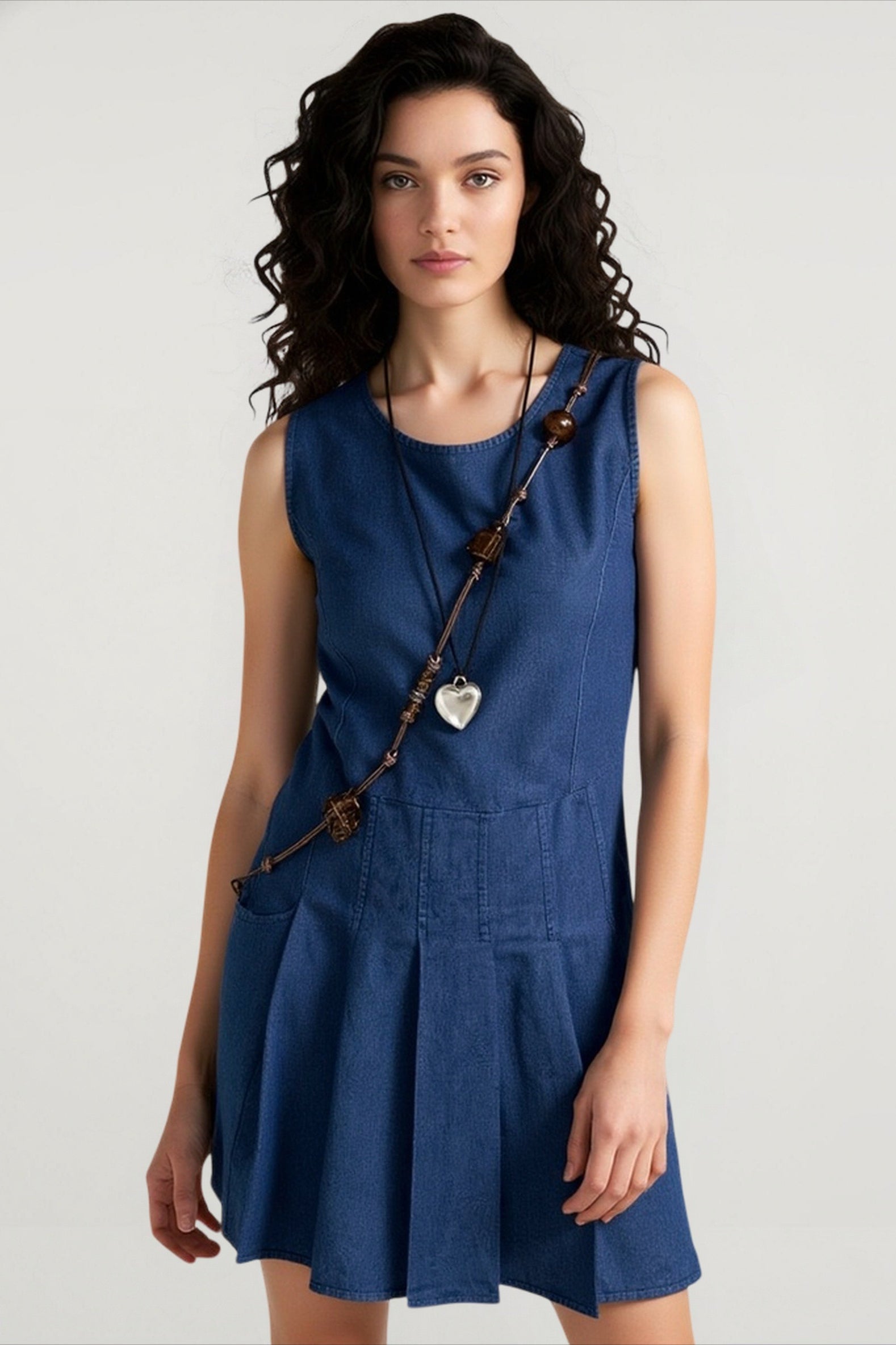Sleeveless Pleated Denim Dress