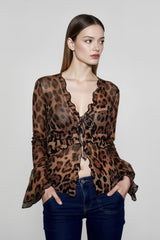 Leopard Mesh Chiffon Lace Sheer Top
