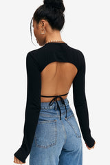 Solid Tie Backless Curved Hem Crop Top