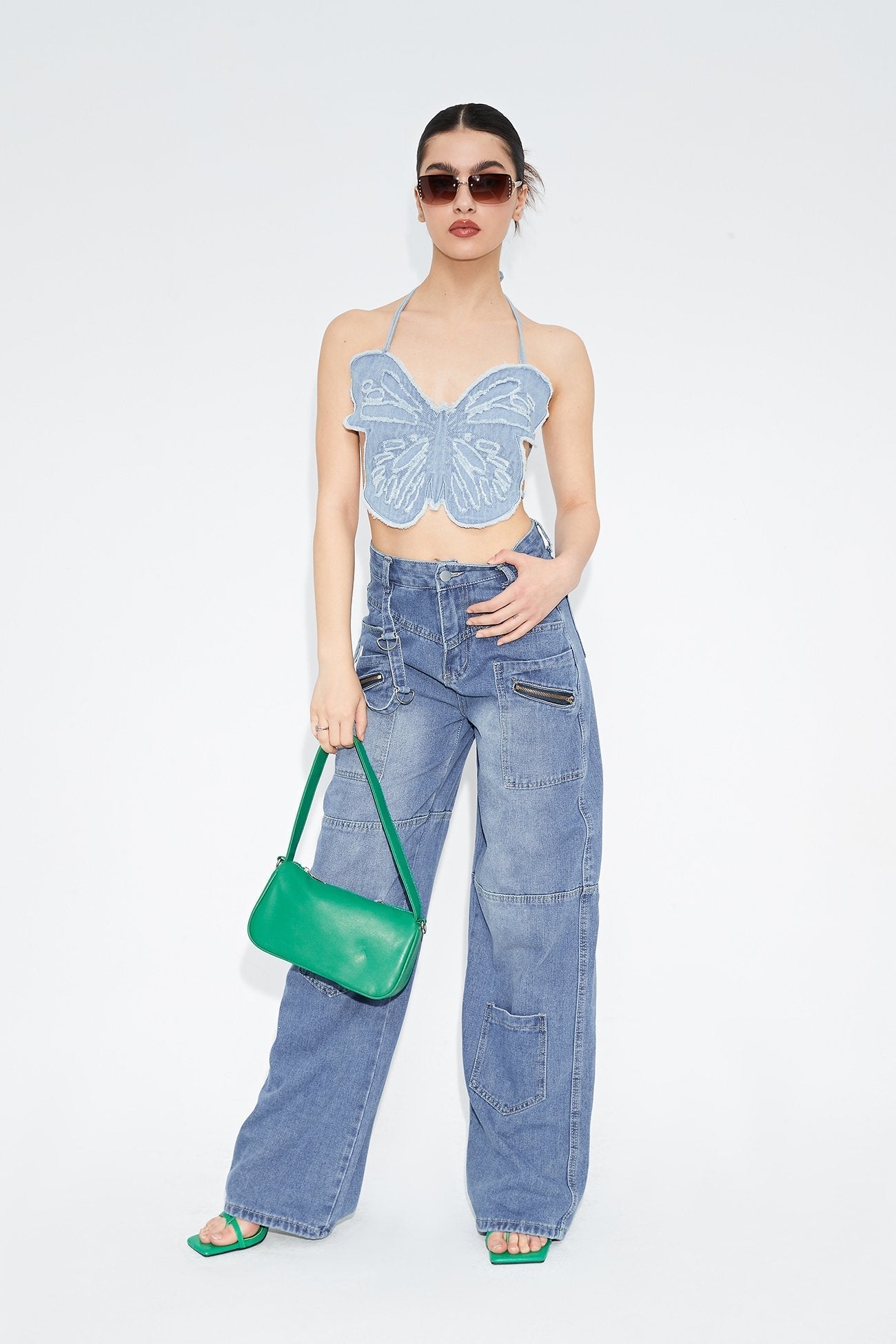 Raw Hem Butterfly Halter Neck Tie Detail Corset Top