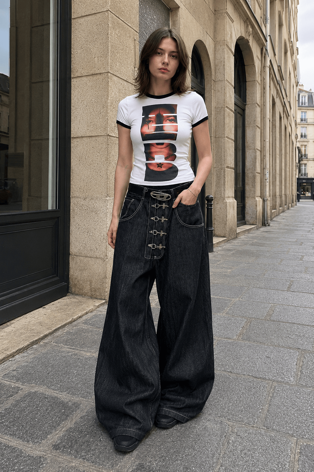 Washed Button Fly Wide Leg Jeans