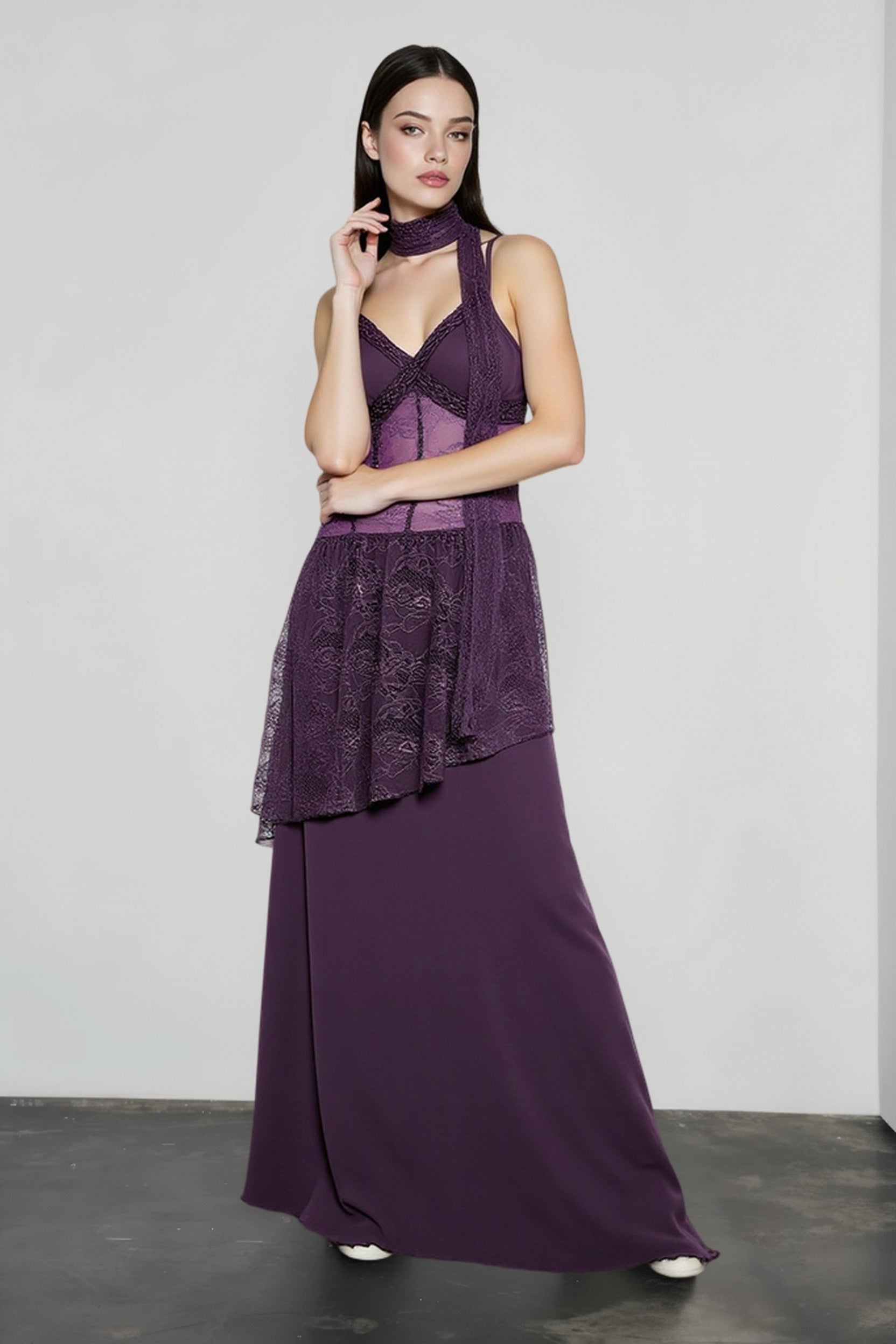 Lace Trim Sheer Waist Tie Cami Maxi Lace Dress