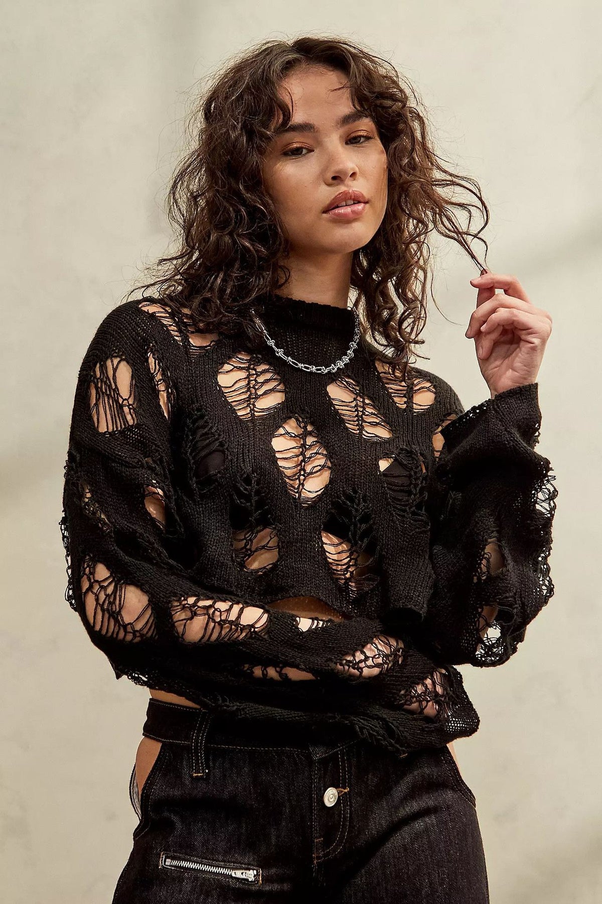 Round Neck Ripped Open Knit Long Sleeve Top