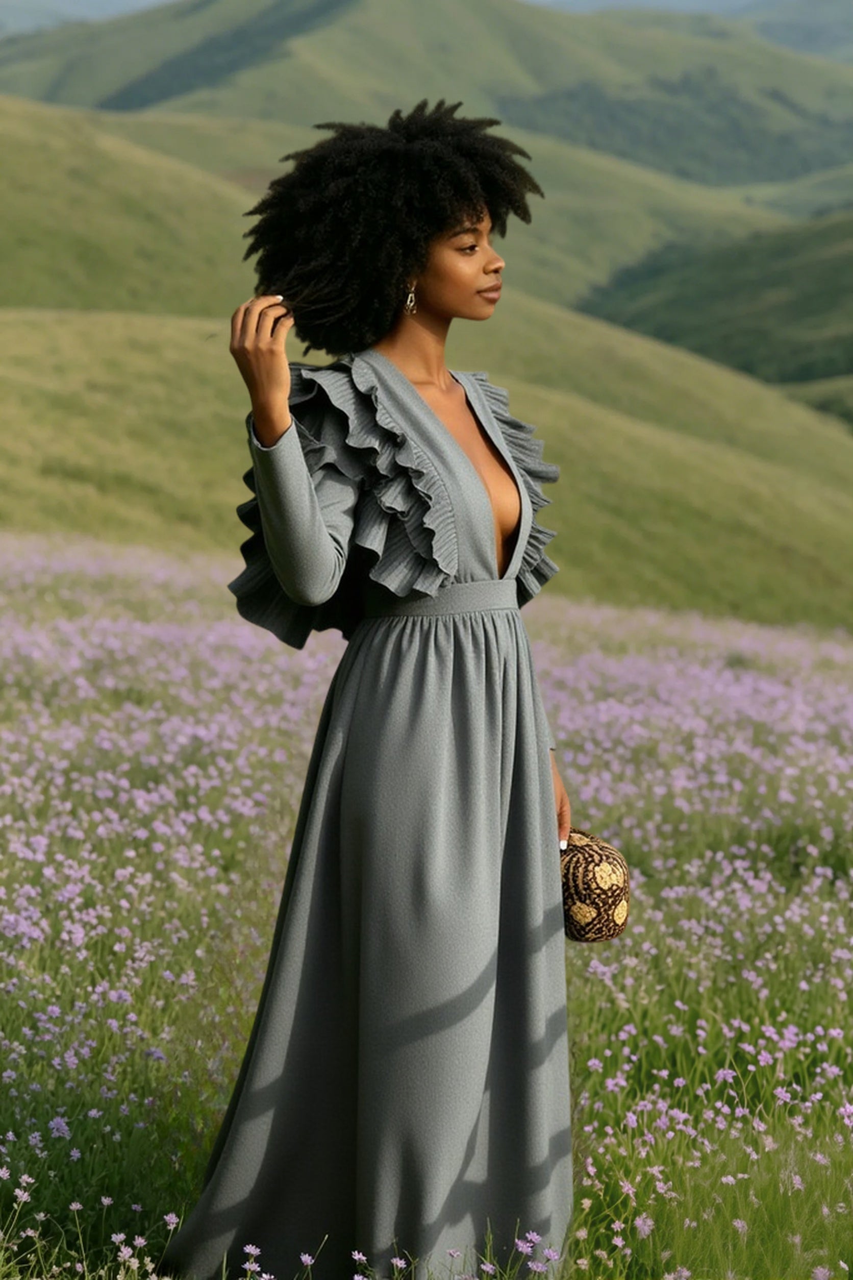 V Neck Ruffled High Waist Dress