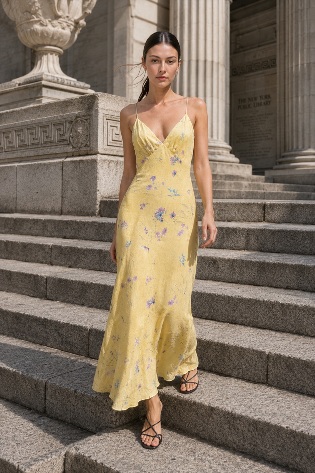 Casual Yellow Print Spaghetti Strap Floral Dress