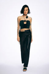 Floral Decor Halter Neck Ruched Backless Crop Top