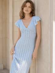 Ruffled Knit Backless V-Neck Boho Dress