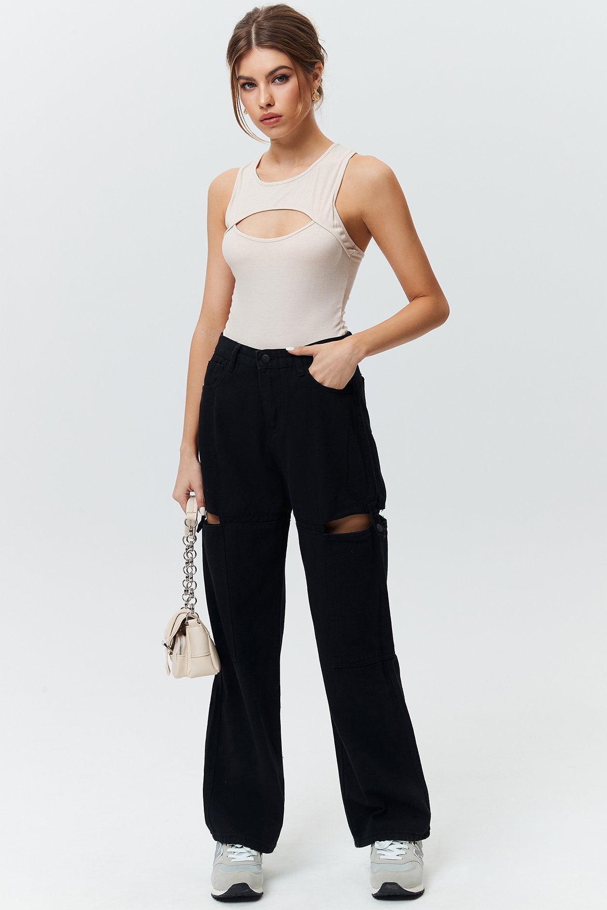 Cut Out Zip Up Straight Leg Casual Pants