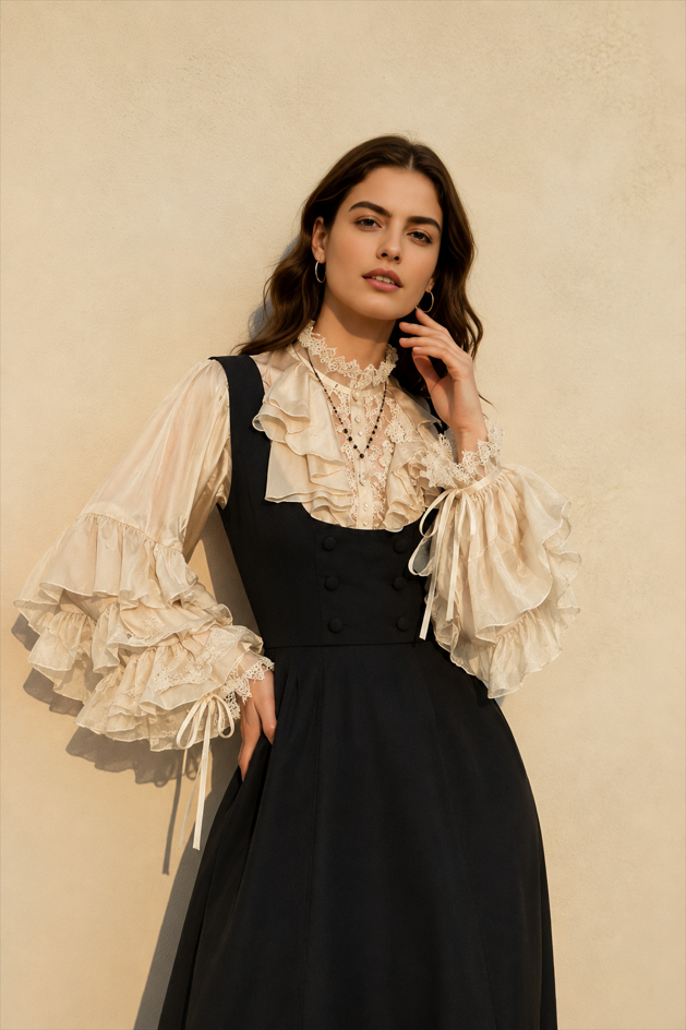 Dark Frill Batwing Sleeve Top