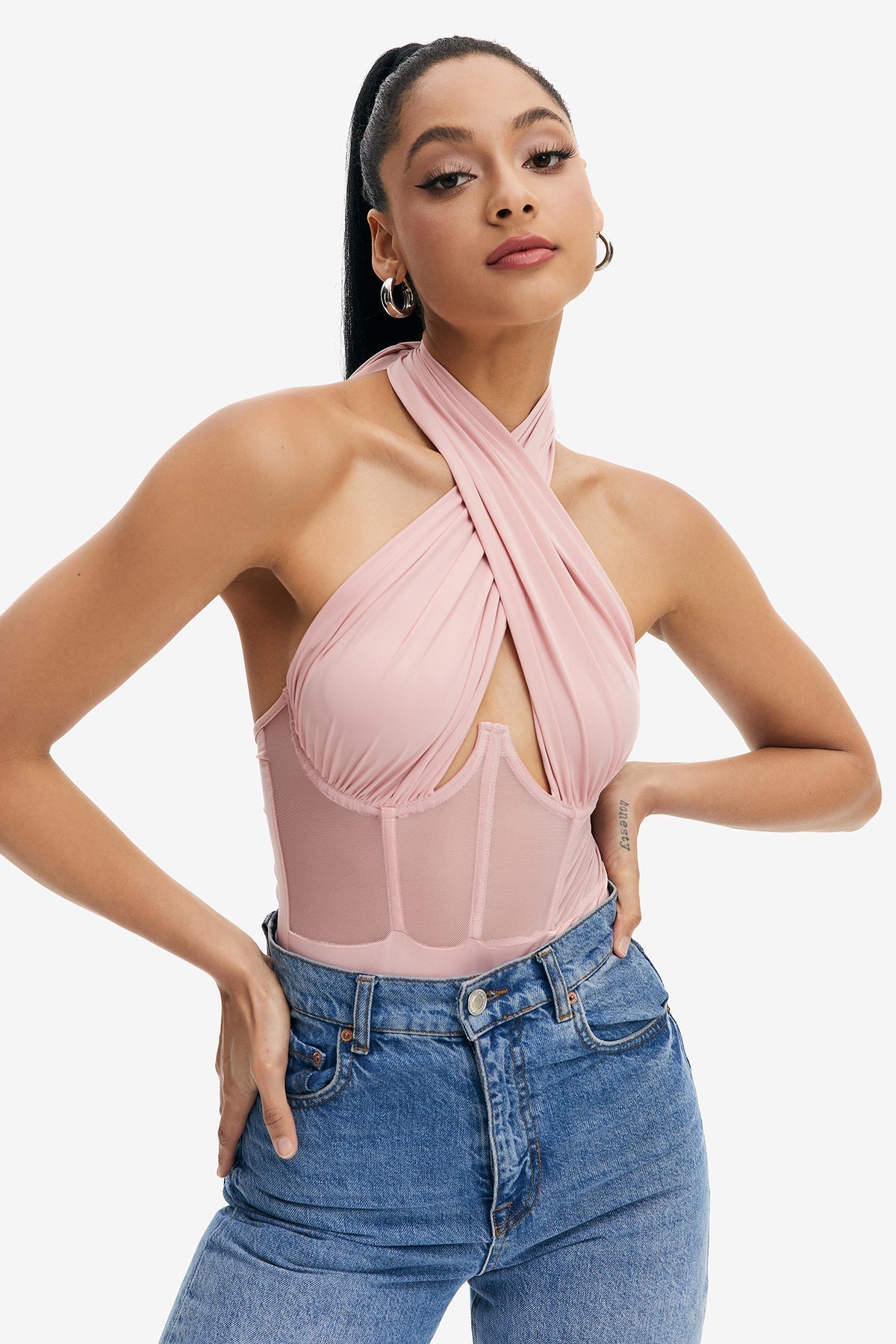 Crisscross Neck Mesh Splicing Boning Backless Bodysuit