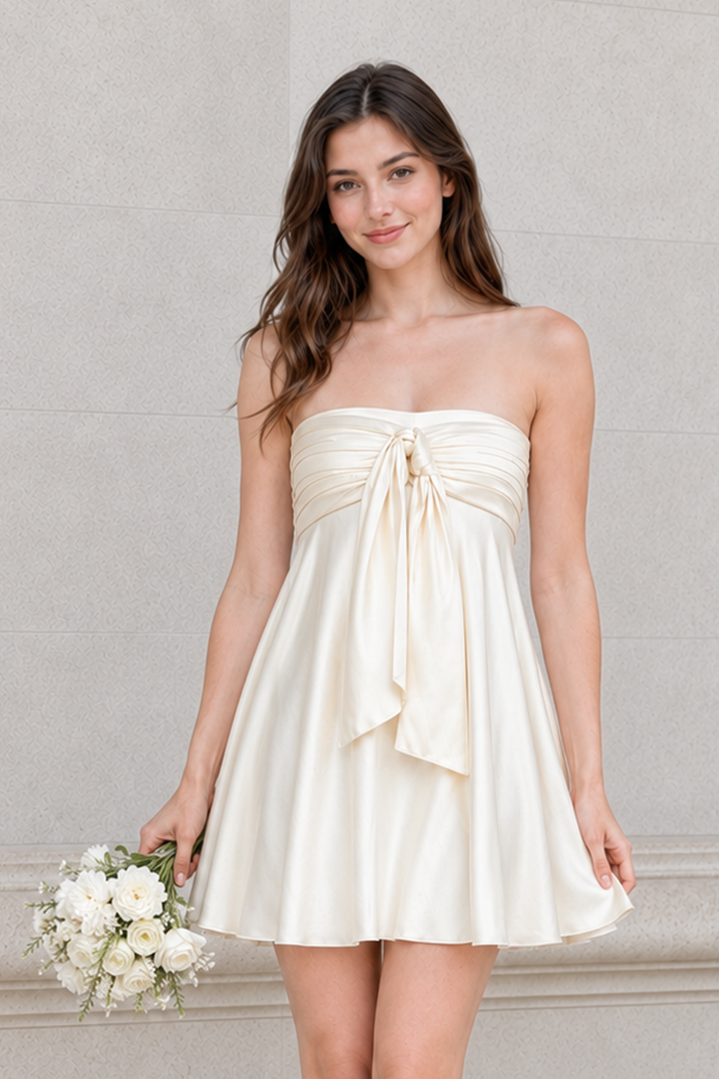 Street Satin Bandeau Tie Solid Mini Dress