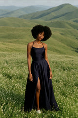 Blue Satin Spaghetti A-Line Prom Dress