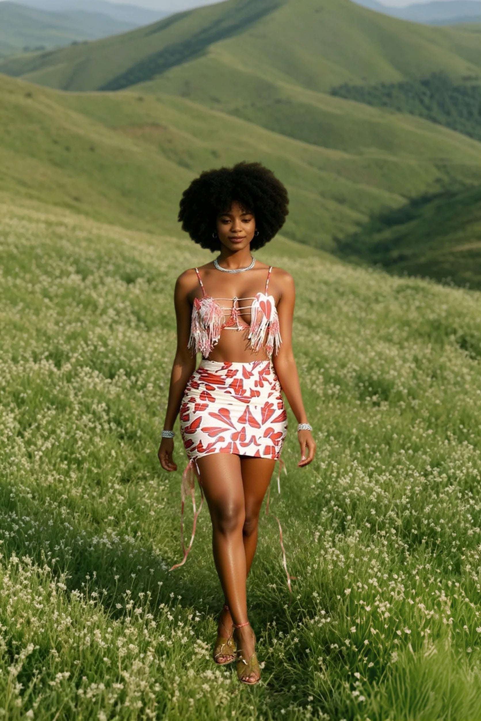 Beach Print Lace-Up Mini Two Piece Skirt Set