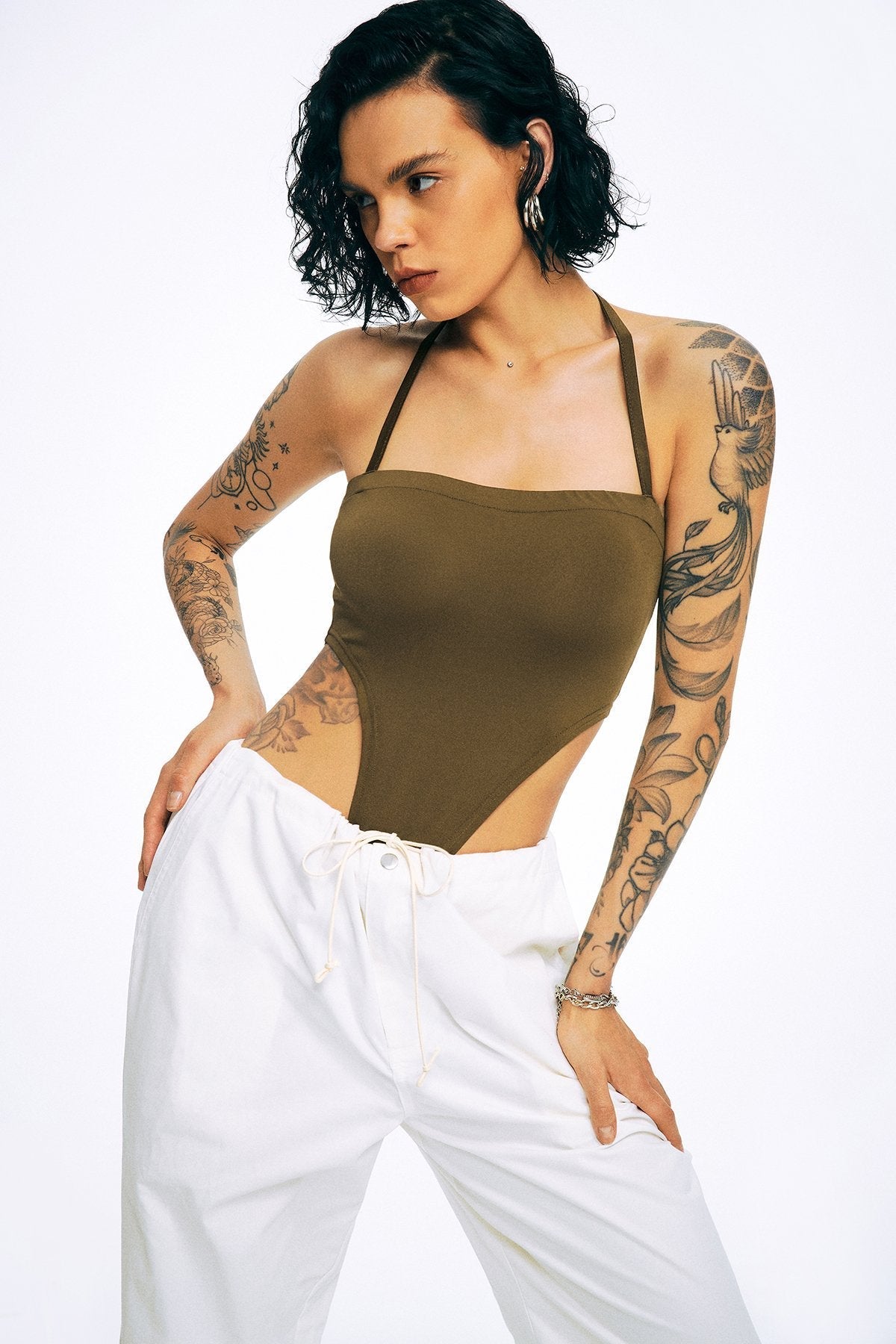 Halter Neck Solid Backless Bodysuit