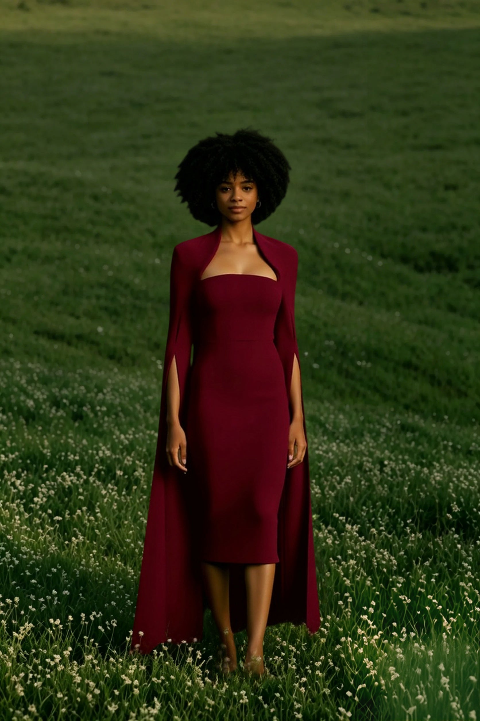 Cape Long Sleeve Back Slit Midi Dress