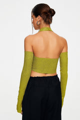 Halter Neck Drawstring Ruched Long Sleeve Top With Oversleeve
