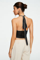 Top-stitching Split Hem Backless Mesh Crop Top