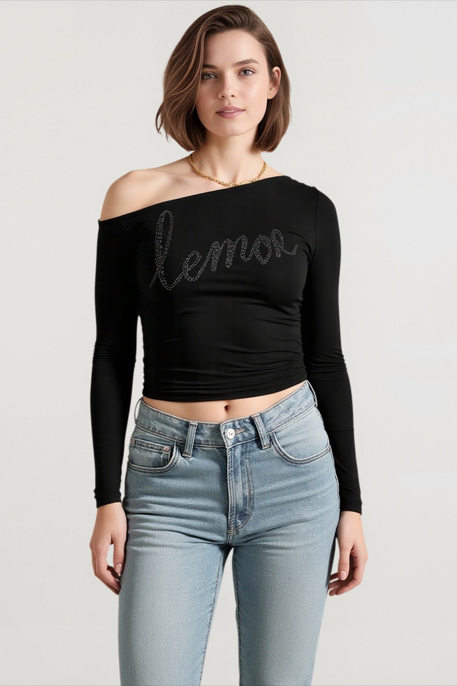 Off Shoulder Rhinestone Fitted T-shirts