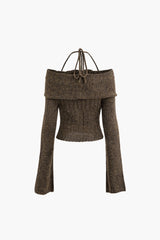 Off Shoulder Tie Halter Twist Bell Sleeves Knit Top