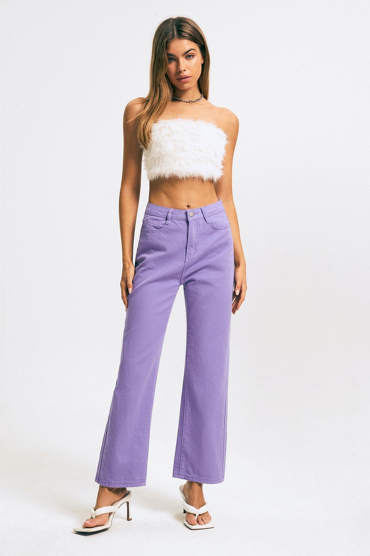 Fuzzy Off Shoulder Zipper Backless Tube Crop Top