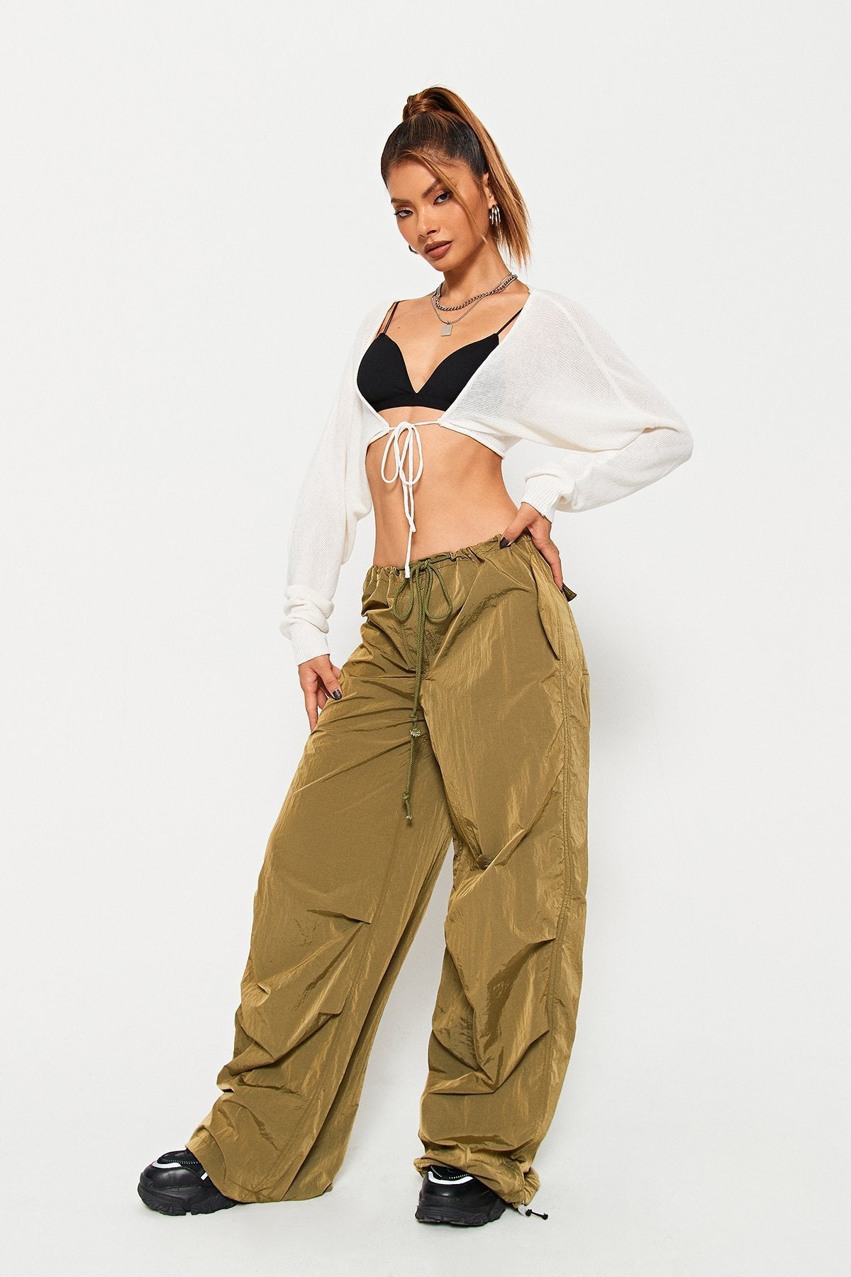 Tie Front Long Sleeve Solid Cardigan Without Bra