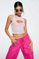 Lips Print Sleeveless Mesh Tank Top