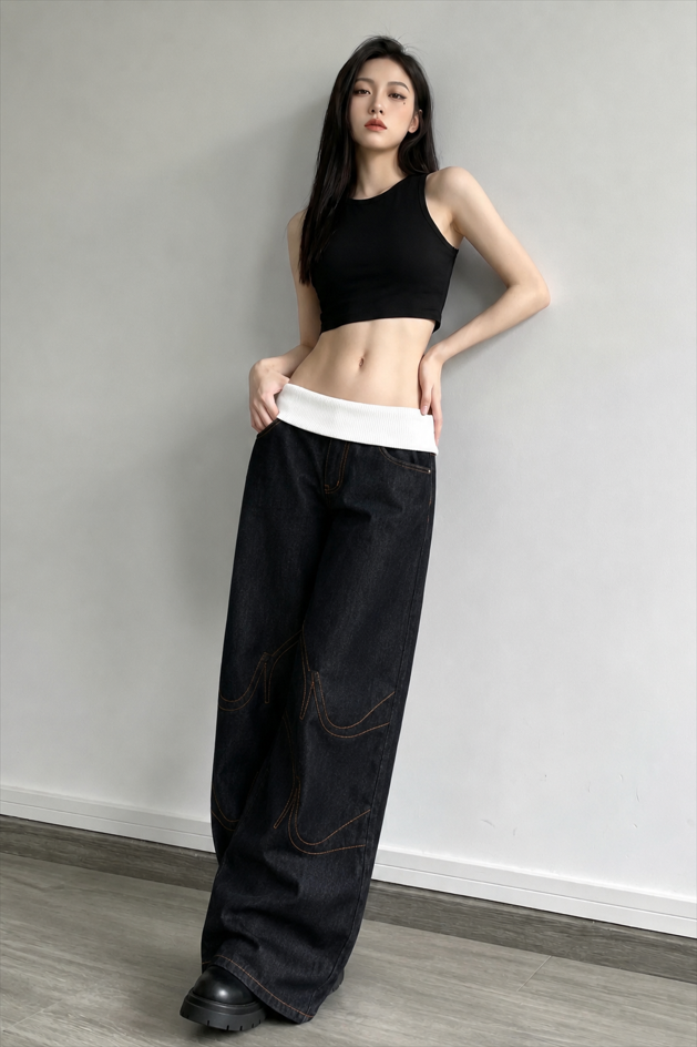 Washed Distressed Sporty Waist Wide Leg Jeans