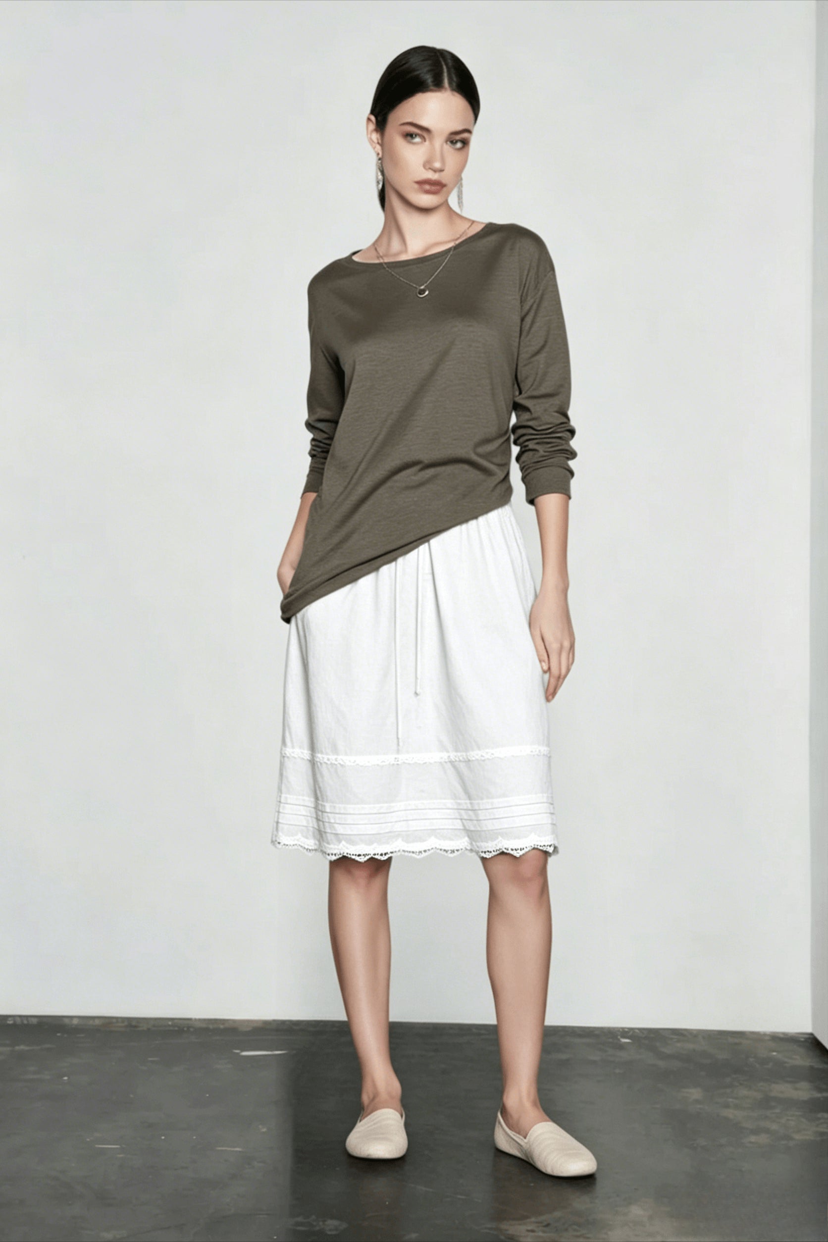 Lace Trim Acetate Midi Vacation Skirt