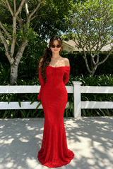 Off Shoulder Lace Flare Sleeve Fitted Train Elegant Maxi Dress