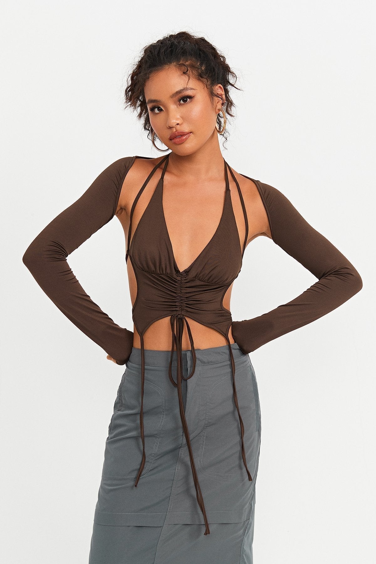 Two Piece Open Back Drawstring Ruched Crop Top