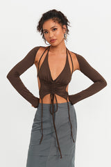 Two Piece Open Back Drawstring Ruched Crop Top