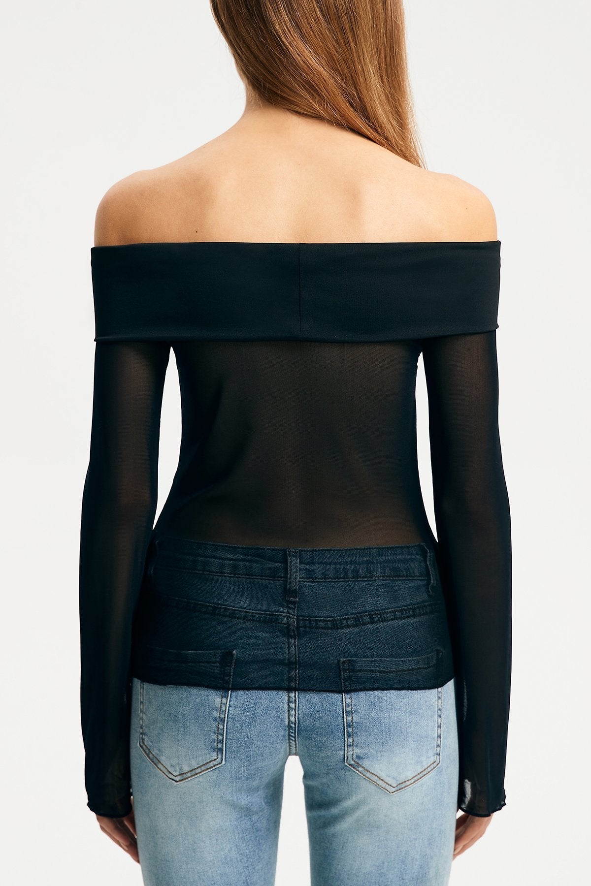 Off Shoulder Mesh Solid Long Sleeve Top