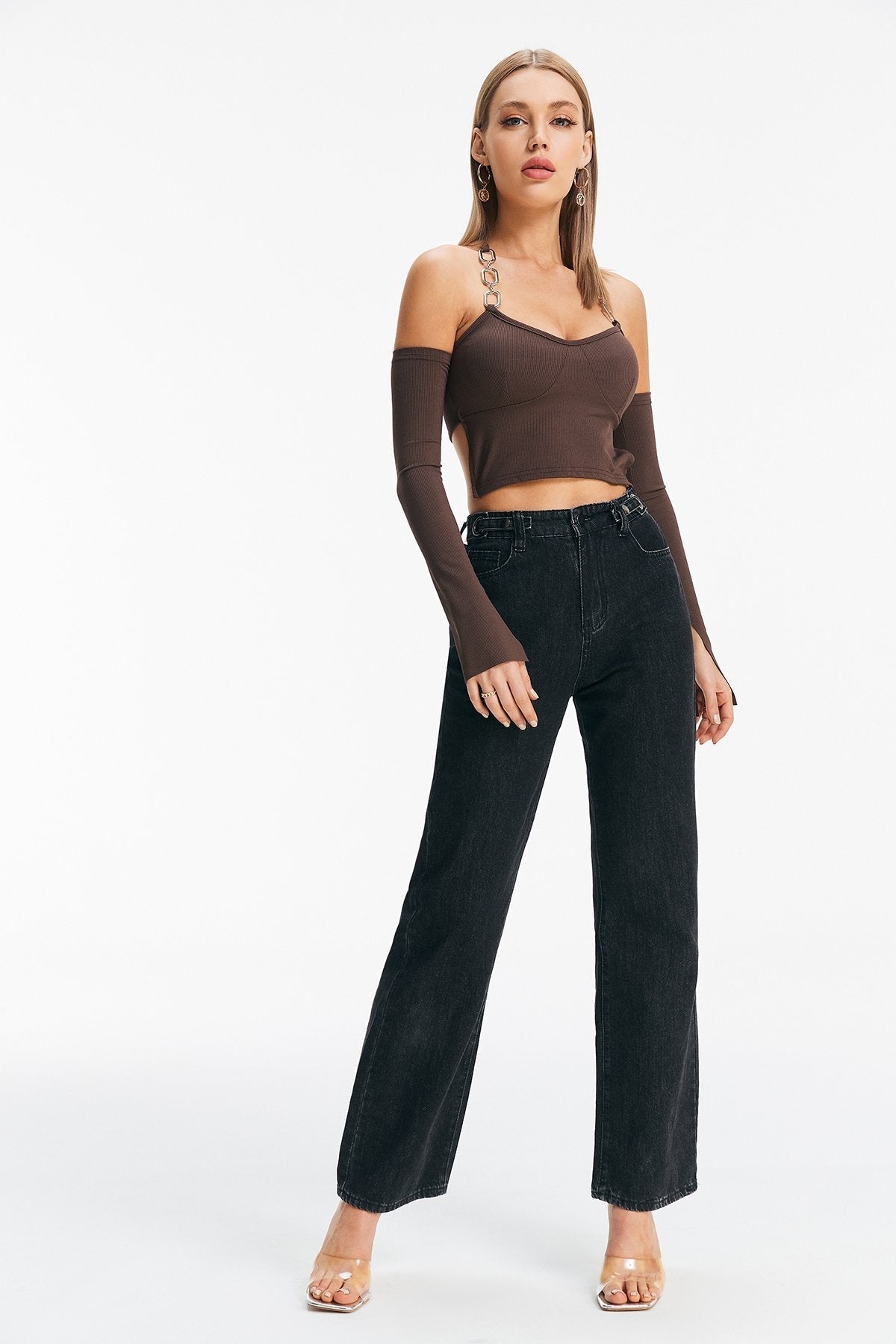 Chain Detail Slit Cuff Backless Crop Top