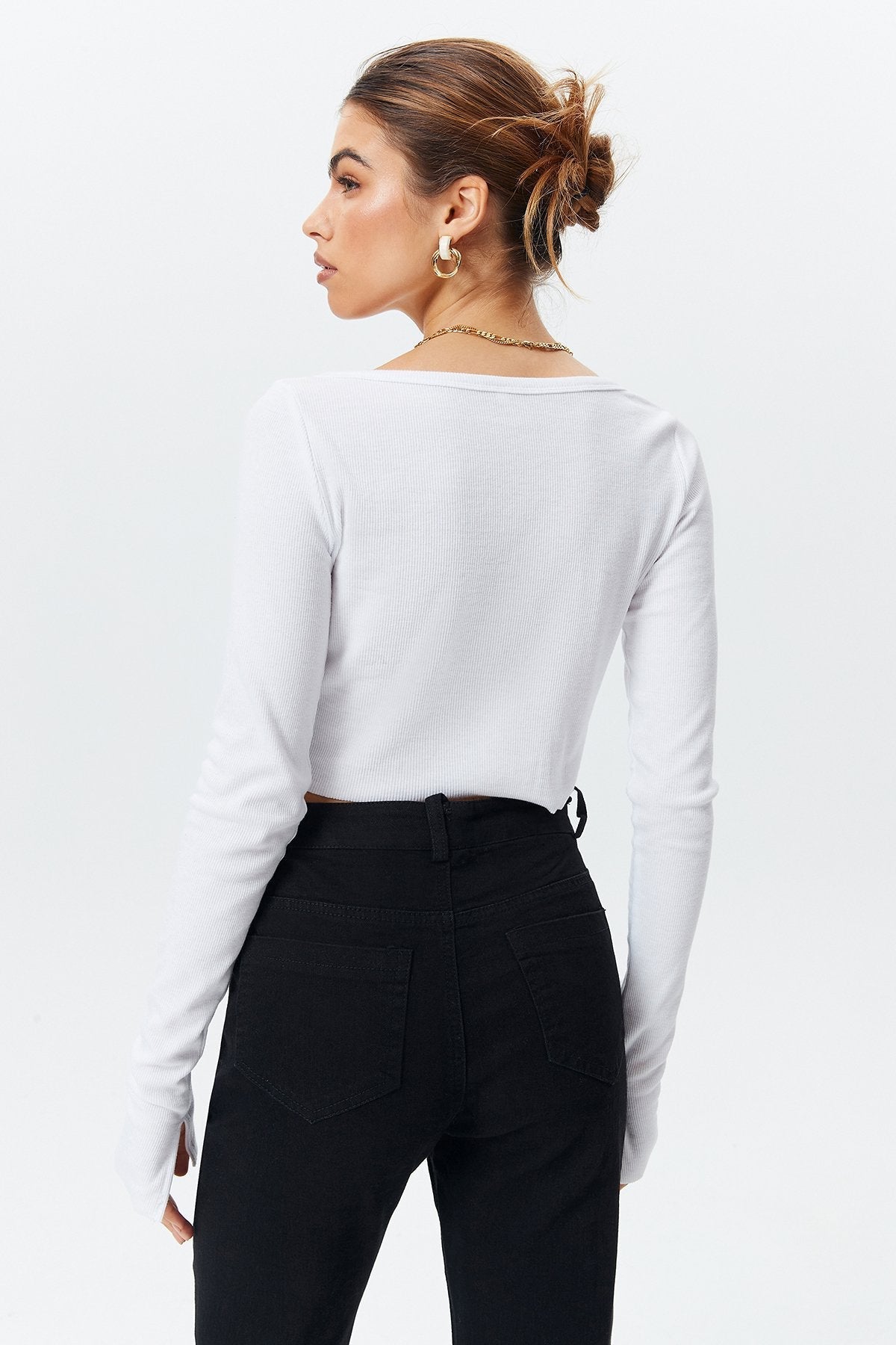 Slit Cuff Crop Long Sleeve Blouse