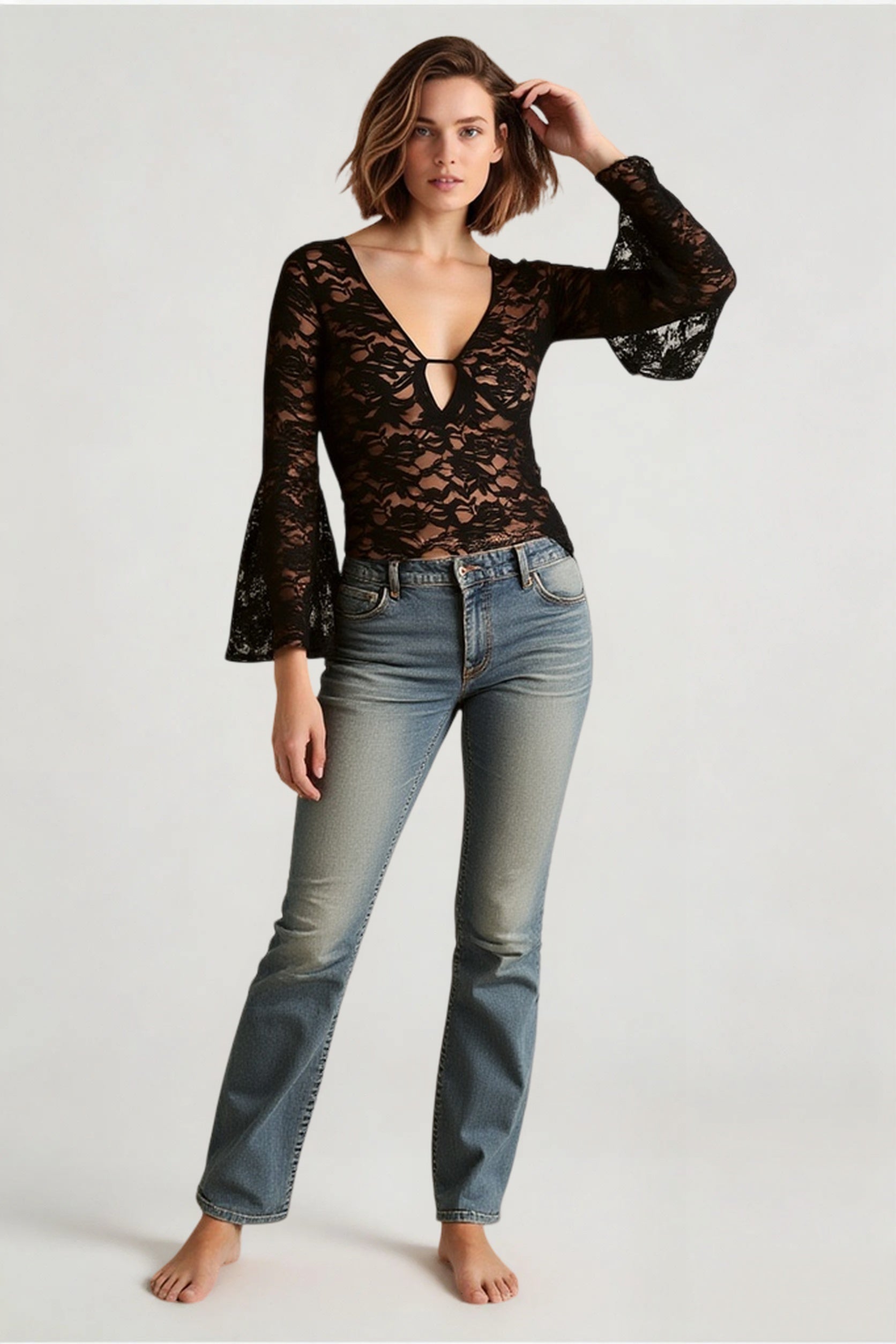 Sexy Lace Deep V Sheer Long Sleeve Blouse