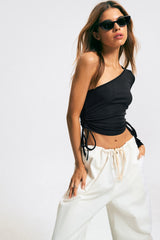 One Shoulder Ribbed Drawstring Long Sleeve Top