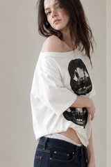 Hip Hop Lip Print Asymmetric Neck Sexy T-shirt