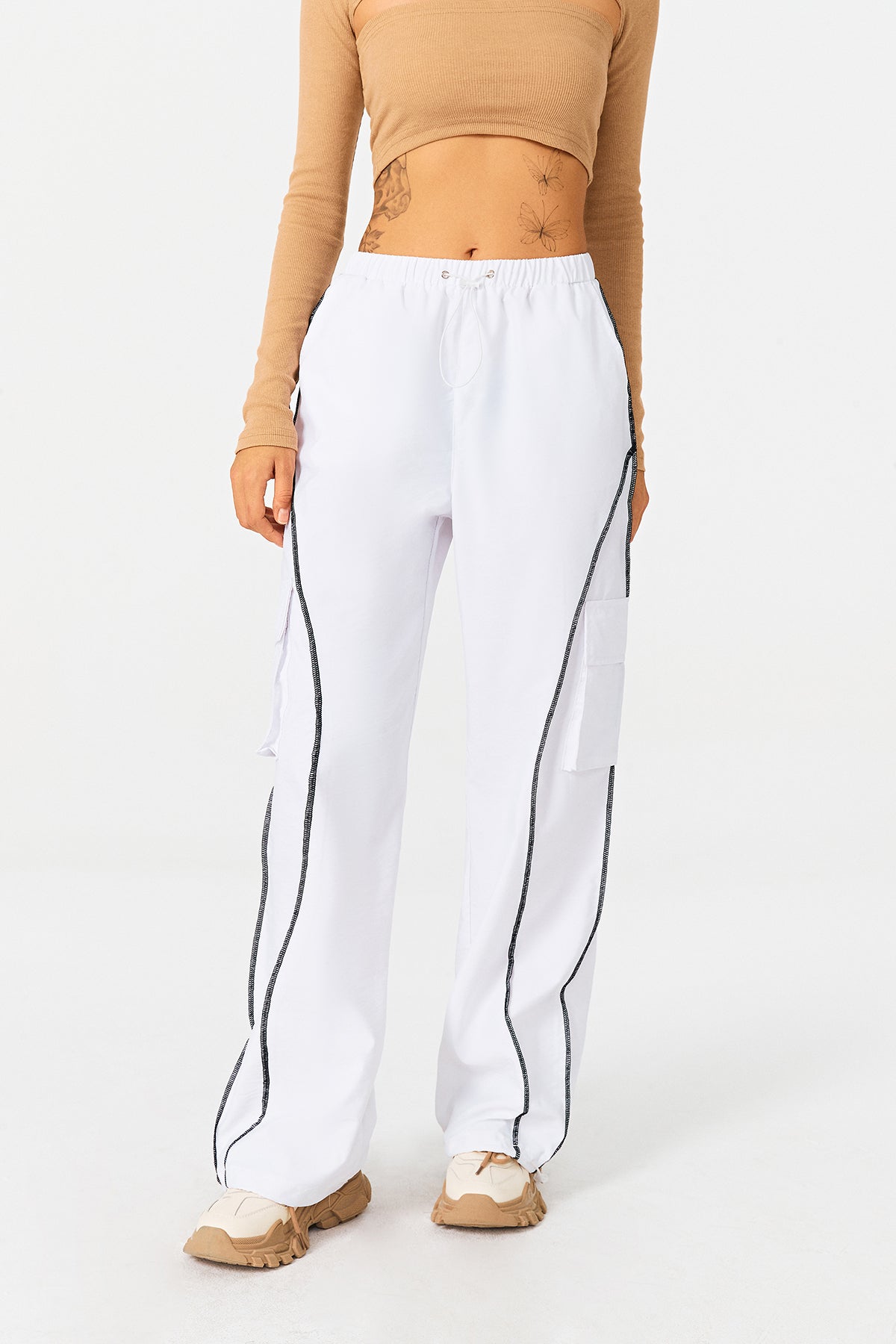 Low Waist Colorblock Trim Dual Pocket Cargo Pants