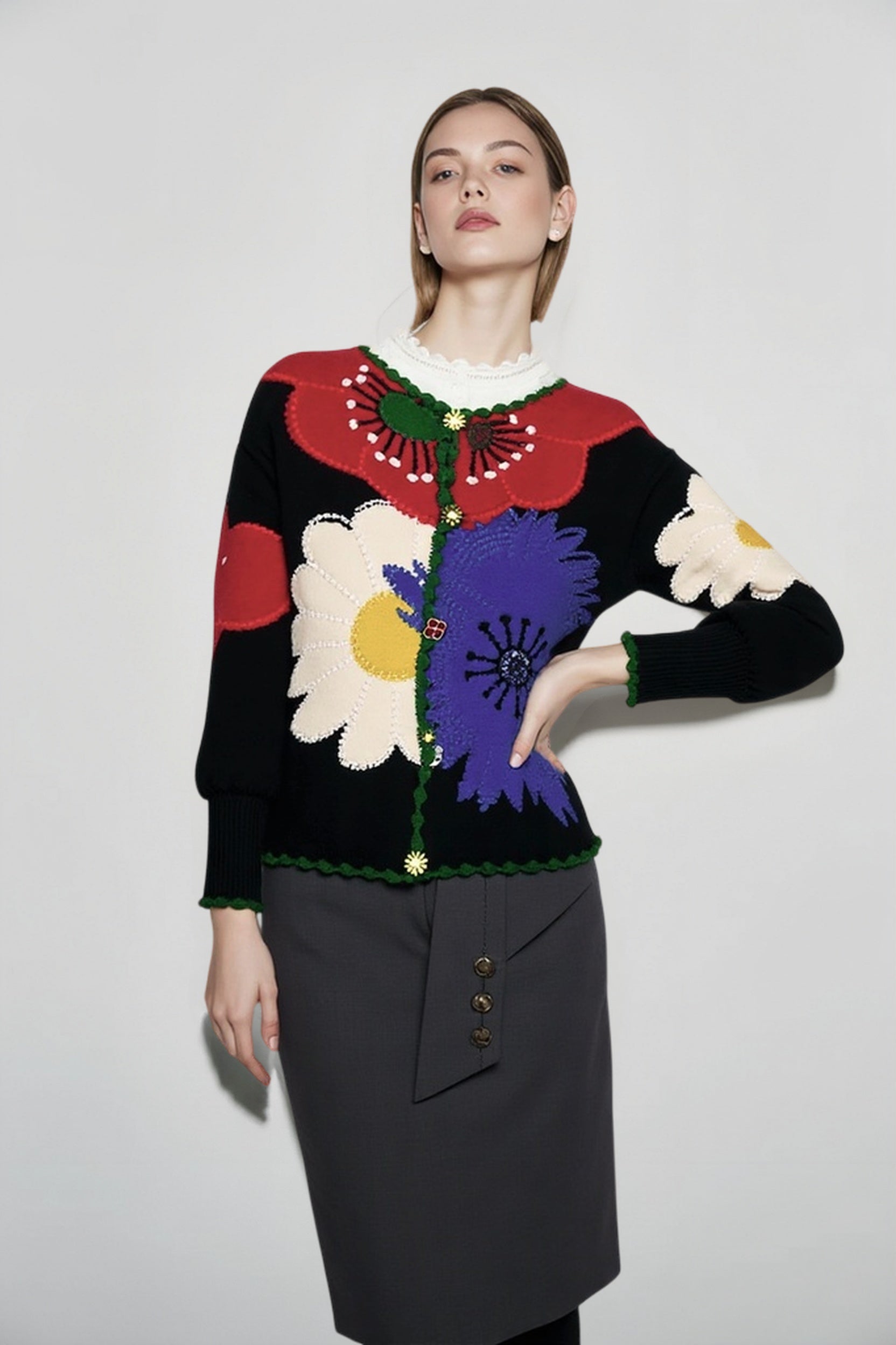 Vintage Floral Embroidered Knit Cardigan