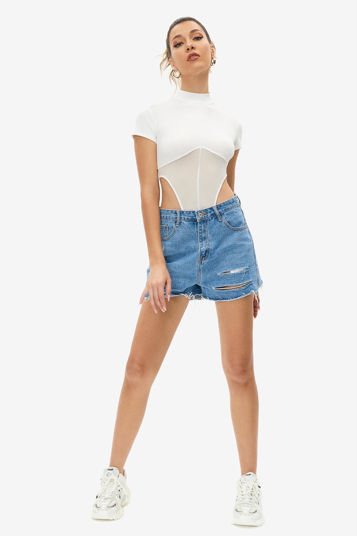 Mesh Splicing Mock Neck Short Sleeve Bodysuit
