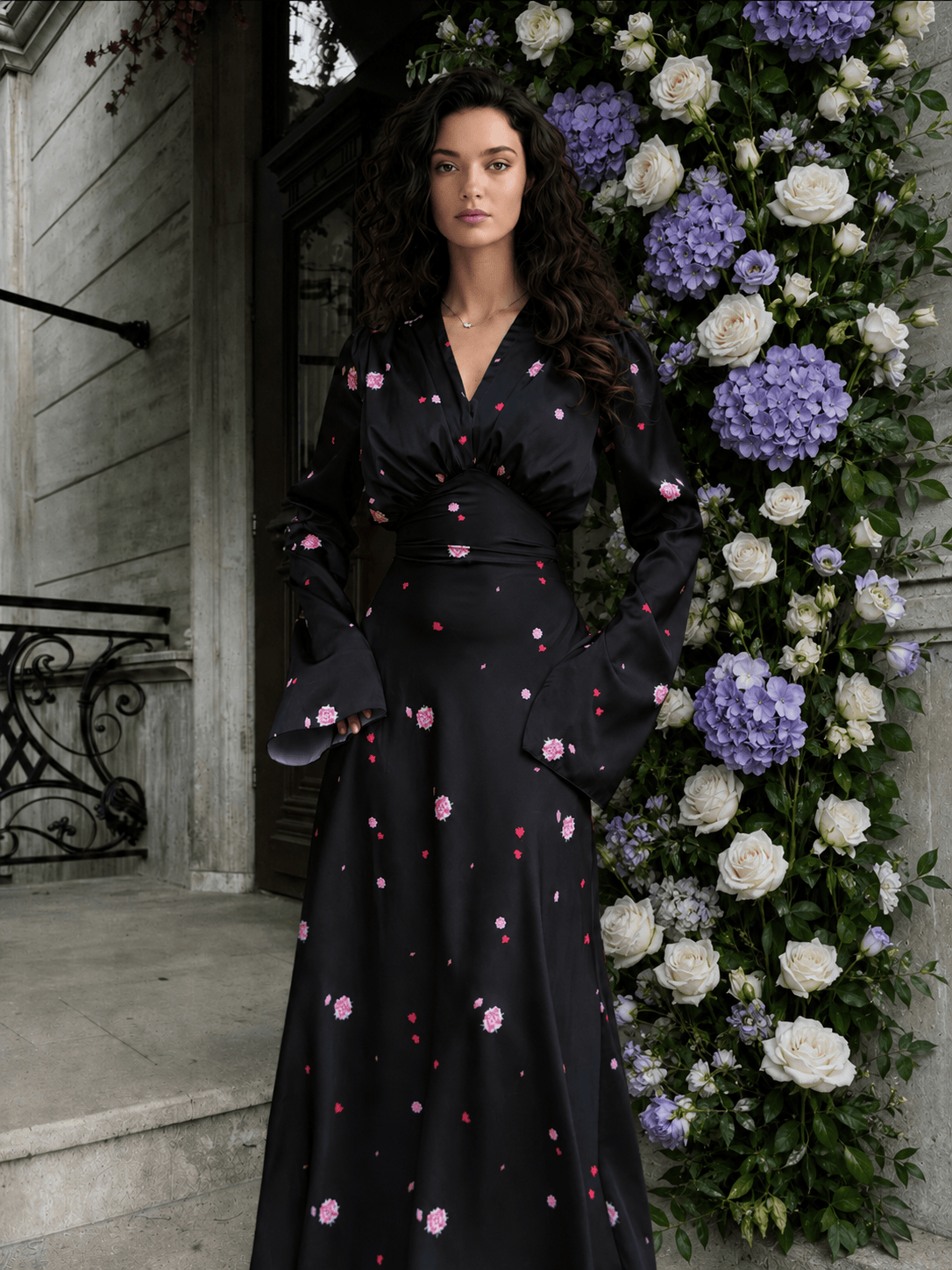 Satin Floral V Neck Flared Hem Maxi Dress