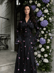 Satin Floral V Neck Flared Hem Maxi Dress