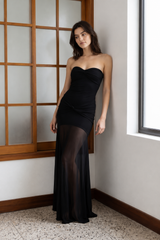 Mesh Patchwork Strapless Shirred Backless Bodycon Maxi Dress