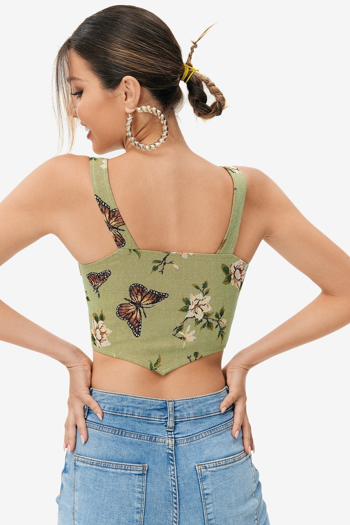 Floral Print Lace Up Asymmetrical Hem Crop Top