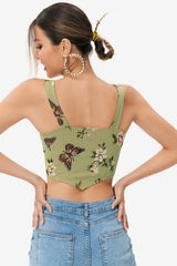Floral Print Lace Up Asymmetrical Hem Crop Top