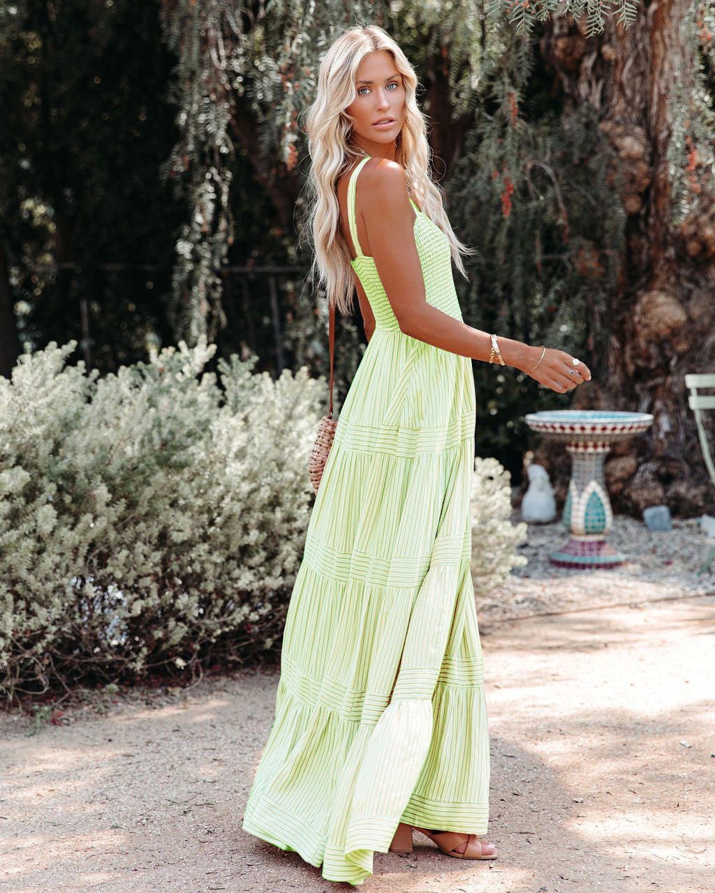 Pinstripe Shirred Backless Long Cami Dress