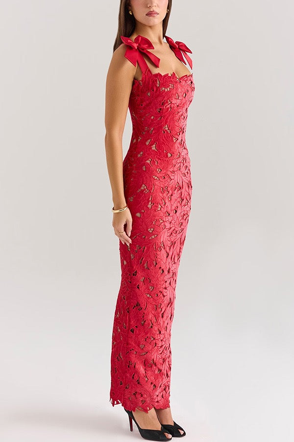 Floral Jacquard  Bow Straps Dress
