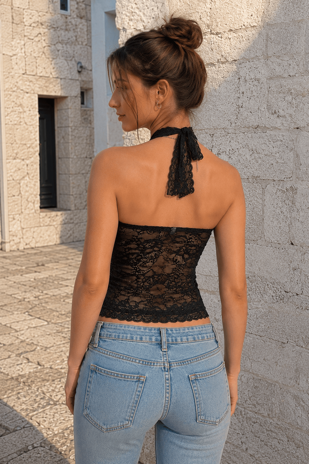 Ruched Tie Lace Sexy Slim Halter Top