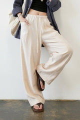 Linen Blend Relaxed Wide Leg Draped Pants