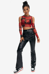 Mesh Cold Shoulder Geometric Print Crop Top